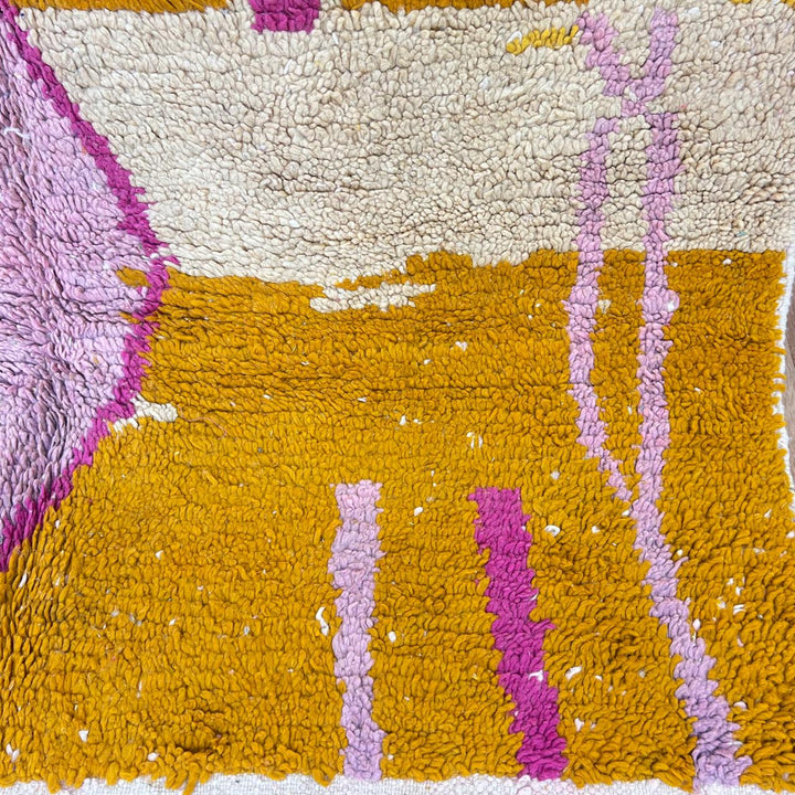 Vintage Moroccan wool rug 745 – handmade orange and pink Berber carpet with geometric diamond pattern (251 × 173 cm / 8.23 × 5.67 ft).