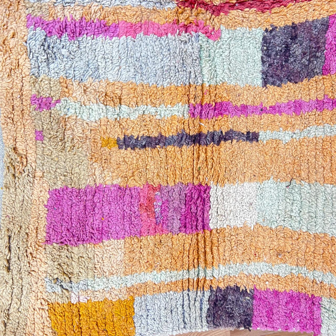Vintage Moroccan wool rug 874 – colorful handmade Berber carpet with mustard, pink, and orange abstract stripes, 293 × 246 cm (9.61 × 8.07 ft).