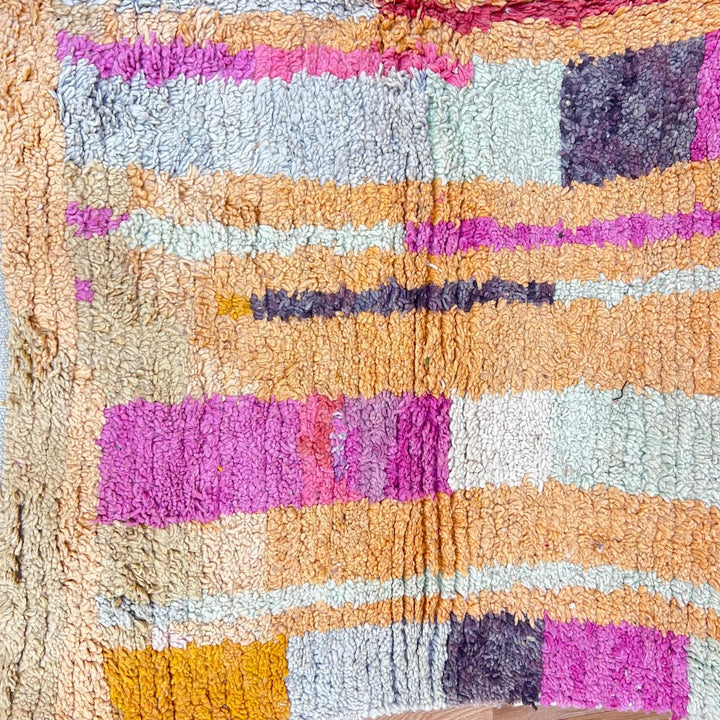 Vintage Moroccan wool rug 874 – colorful handmade Berber carpet with mustard, pink, and orange abstract stripes, 293 × 246 cm (9.61 × 8.07 ft).