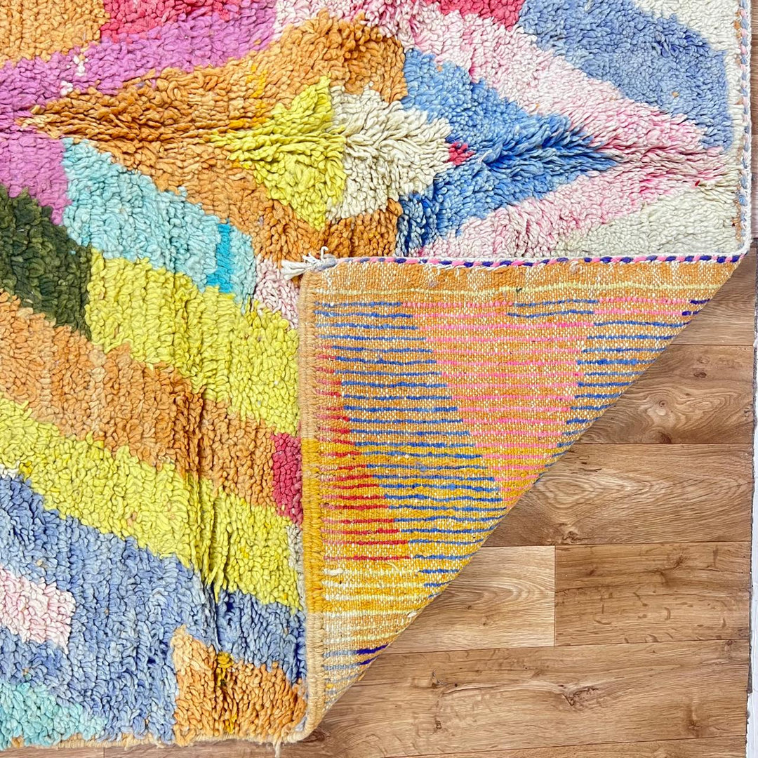 Vintage Moroccan wool rug 197 – handmade colorful geometric abstract Berber design (245 × 156 cm).