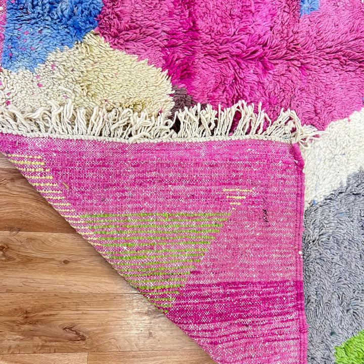 Vintage Moroccan wool rug 853 – colorful abstract handmade Berber carpet in pink, blue, green, and beige (287 × 209 cm / 9.41 × 6.86 ft).