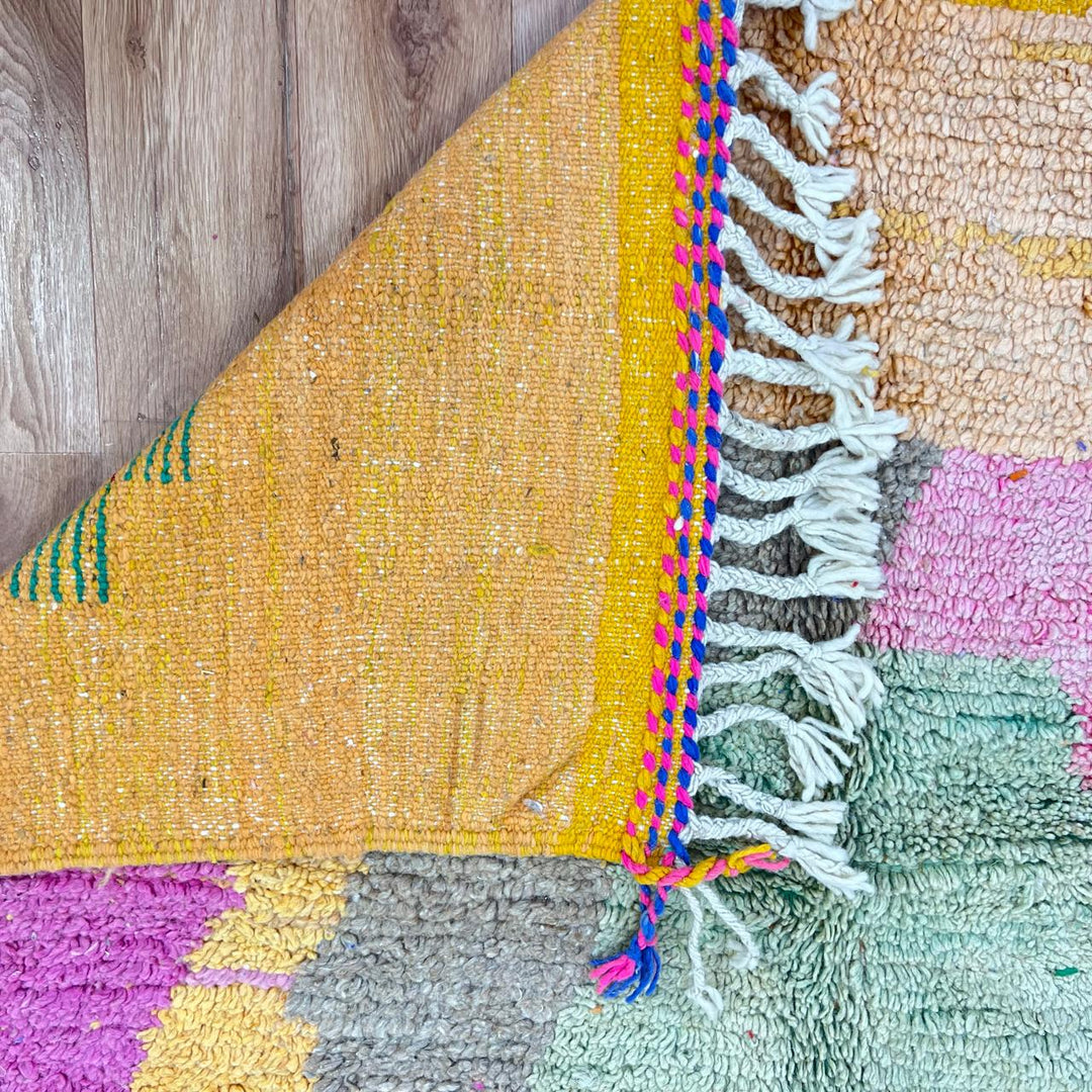 Vintage Moroccan wool rug 763 – handmade colorful Berber carpet with yellow, turquoise, pink, and red geometric diamond patterns (283 × 162 cm / 9.28 × 5.31 ft).