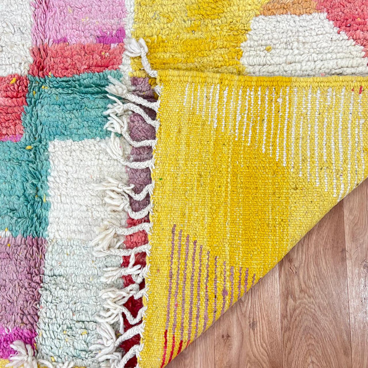 Vintage Moroccan wool rug 831 – handmade Berber carpet with colorful geometric abstract patterns, 305 × 187 cm (10.00 × 6.13 ft).
