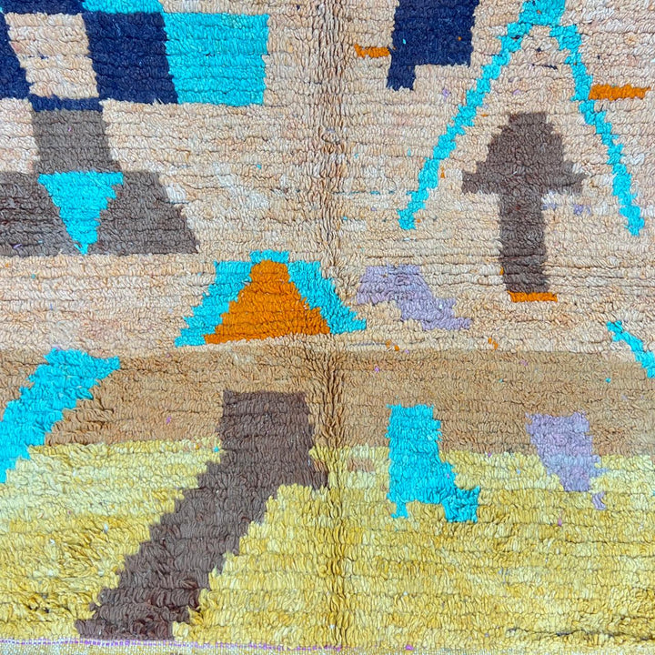 Vintage Moroccan wool rug 833 – handmade Berber carpet with orange, yellow, green, and purple tribal geometric patterns, 284 × 196 cm (9.31 × 6.43 ft).