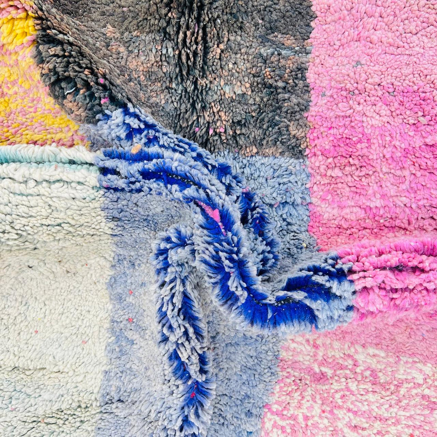 Vintage Moroccan wool rug with abstract color block design, handmade Berber carpet from Morocco