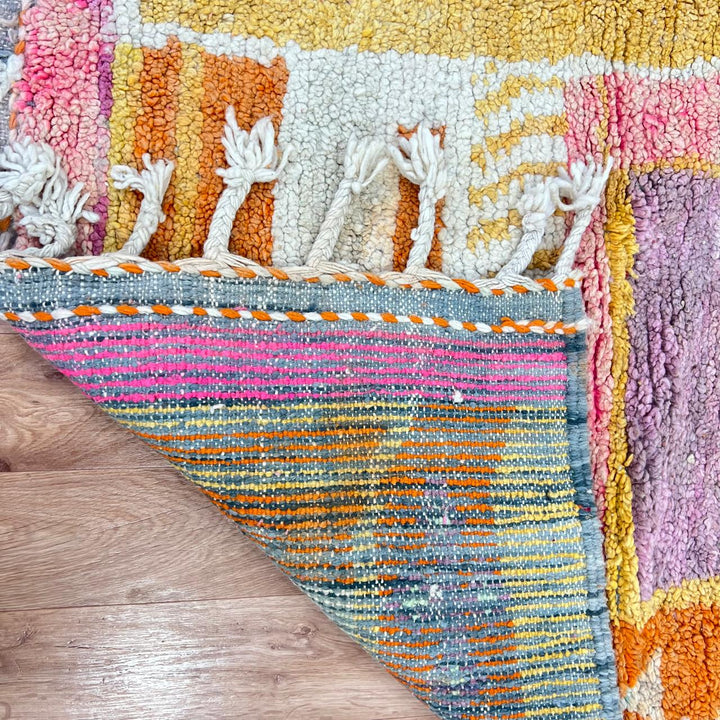 Vintage Moroccan wool rug BA106 – handmade colorful Berber carpet with yellow and pink geometric patterns (210 × 310 cm / 6.88 × 10.17 ft).