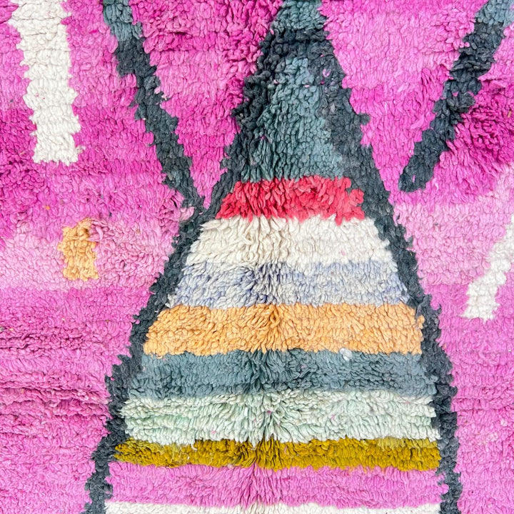Vintage Moroccan wool rug 840 – handmade pink and yellow Berber carpet with geometric and abstract motifs (295 × 203 cm / 9.68 × 6.66 ft).