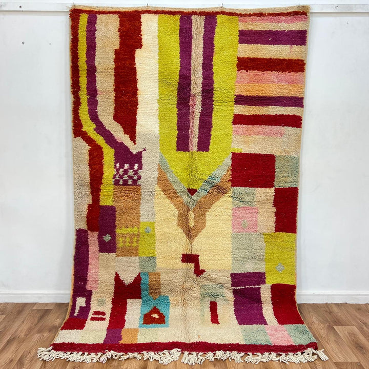 Vintage Moroccan wool rug 791 – handmade abstract colorful wool carpet with red, mustard, and beige tones, 243 × 154 cm (7.97 × 5.05 ft).