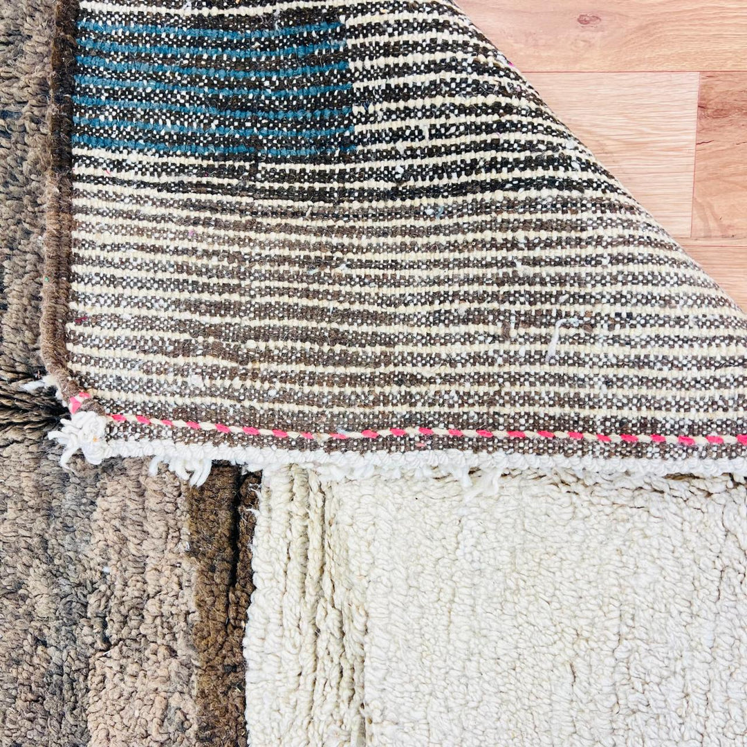 Vintage Moroccan wool rug 793 – handmade brown, cream, and pink geometric wool rug, 228 × 148 cm (7.48 × 4.86 ft).