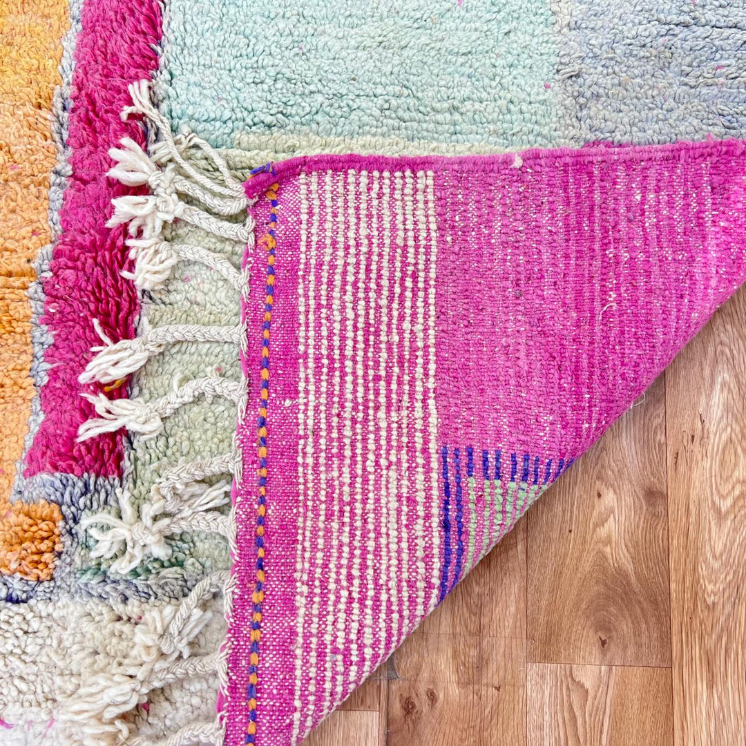 Vintage Moroccan wool rug 732 – handmade pink and mustard Berber carpet with geometric color block design (258 × 155 cm / 8.46 × 5.08 ft).