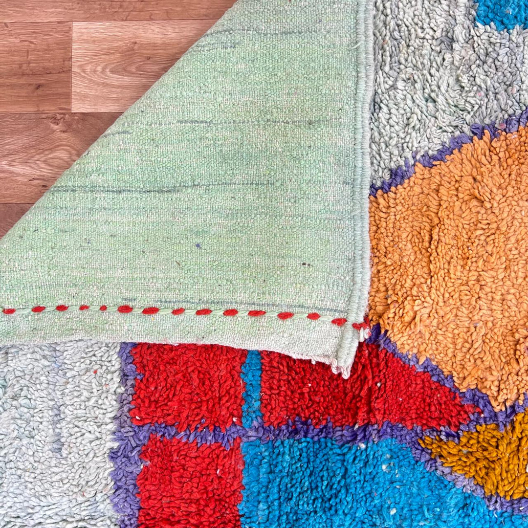 Vintage Moroccan wool rug 859 – handmade green Berber carpet with abstract color block design (301 × 201 cm / 9.87 × 6.59 ft).