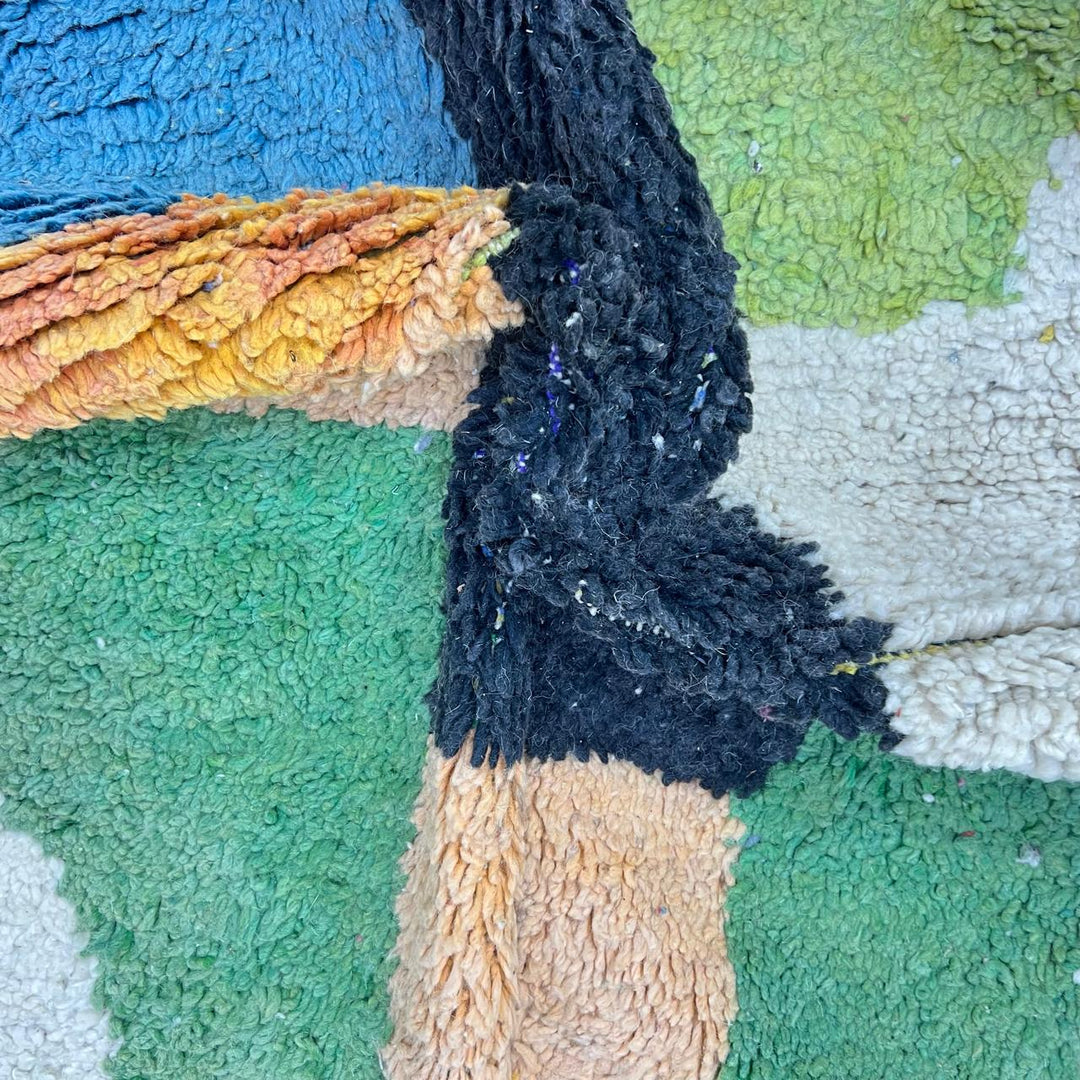 Vintage Moroccan wool rug 806 – handwoven color block Berber carpet in beige, green, yellow, magenta, and black, 229 × 154 cm (7.51 × 5.05 ft).