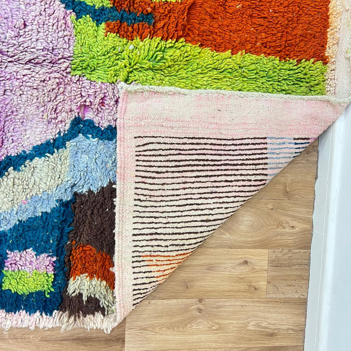 Vintage Moroccan wool rug 26 – handmade colorful geometric abstract design (317 × 205 cm).