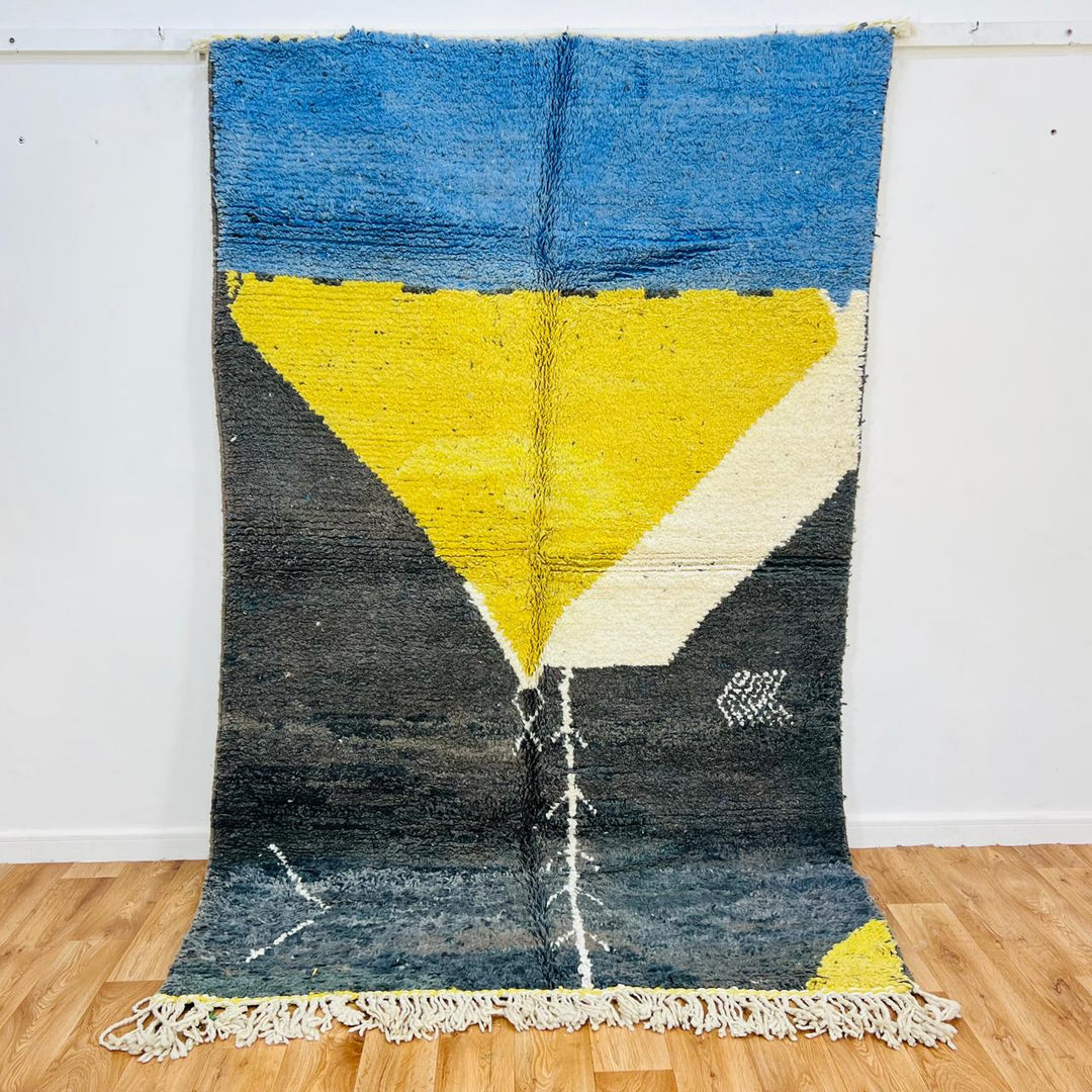 Vintage Moroccan Berber rug with blue, yellow and ivory geometric design, size 251x157 cm, handmade wool rug