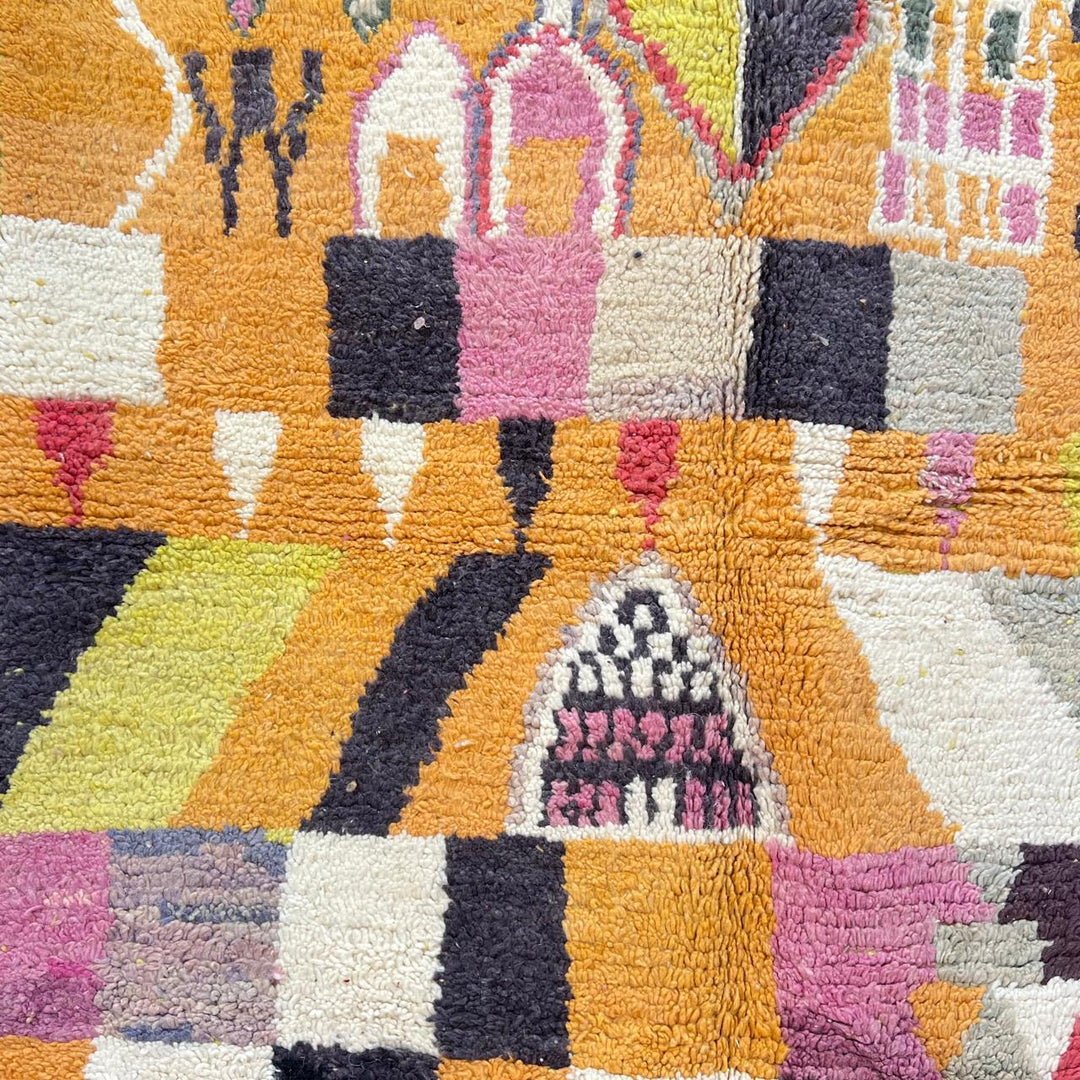 Vintage Moroccan wool rug 254 – handmade mustard yellow and pink geometric abstract boho wool rug (247 × 151 cm).