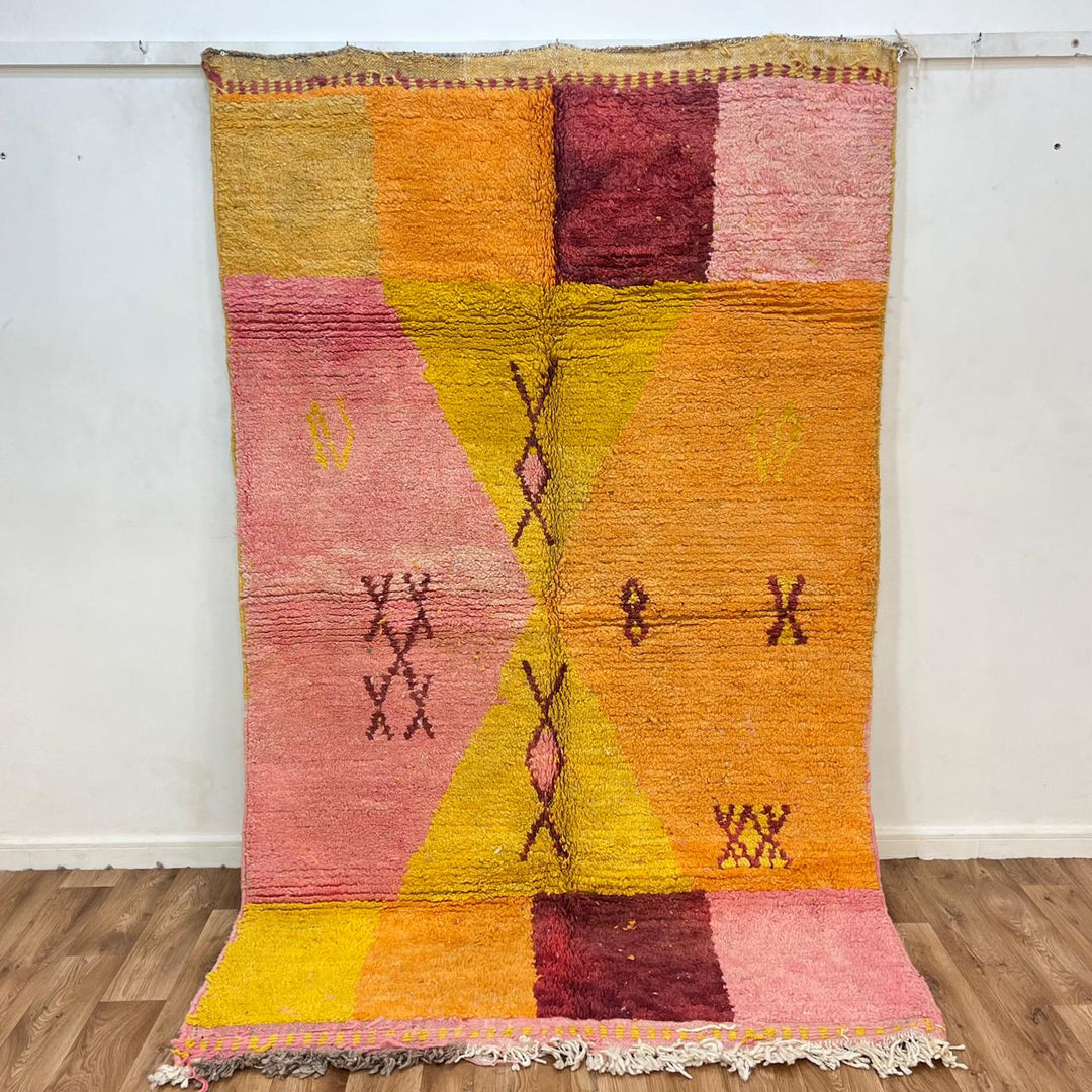 Vintage Moroccan wool rug 147 – handwoven yellow, orange, and pink geometric Berber design (244 × 156 cm).