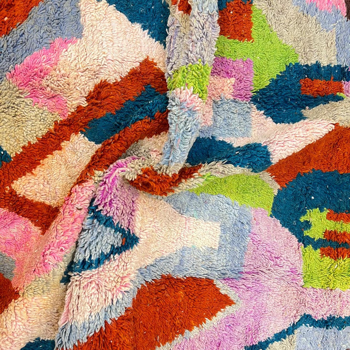 Vintage Moroccan wool rug 26 – handmade colorful geometric abstract design (317 × 205 cm).