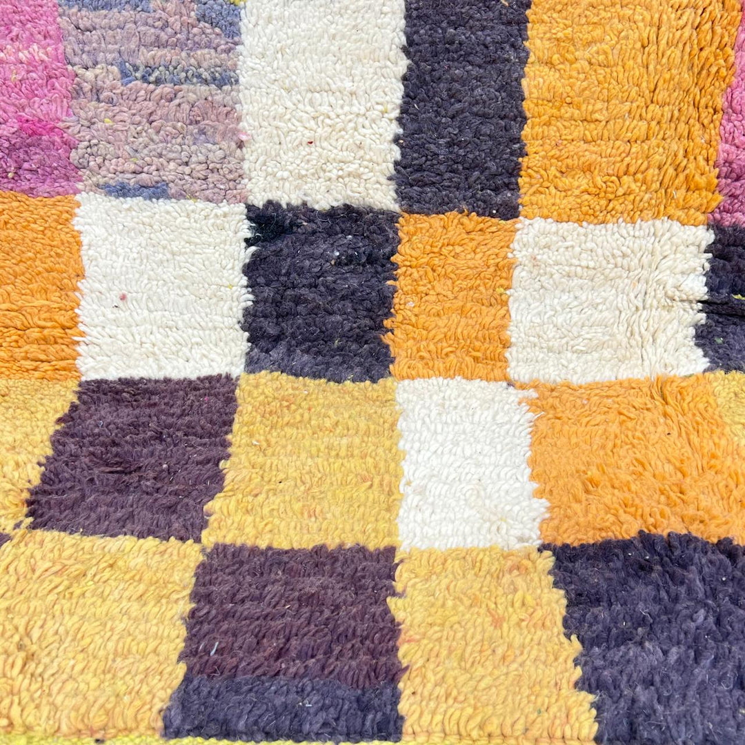 Vintage Moroccan wool rug 254 – handmade mustard yellow and pink geometric abstract boho wool rug (247 × 151 cm).