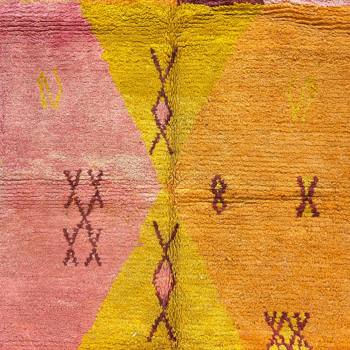 Vintage Moroccan wool rug 147 – handwoven yellow, orange, and pink geometric Berber design (244 × 156 cm).