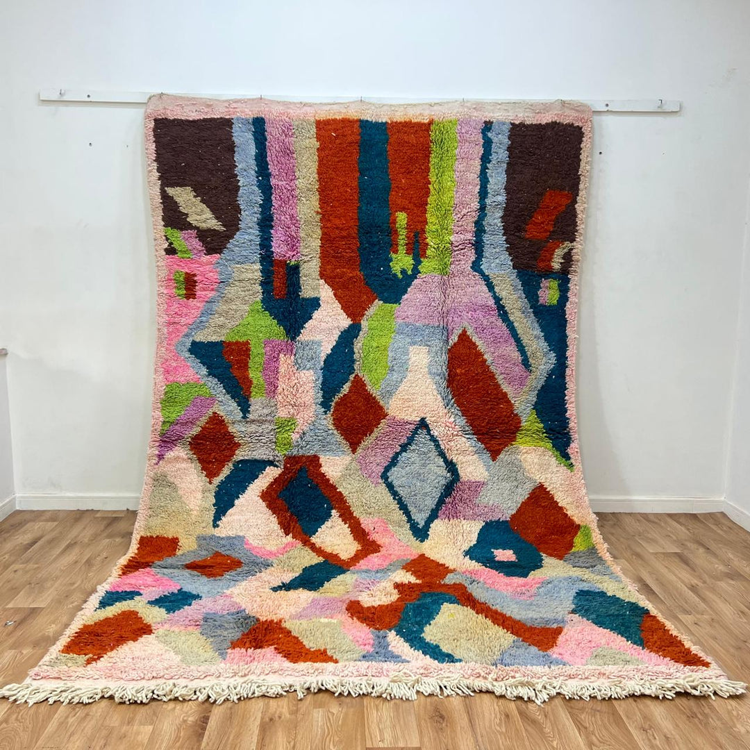 Vintage Moroccan wool rug 26 – handmade colorful geometric abstract design (317 × 205 cm).