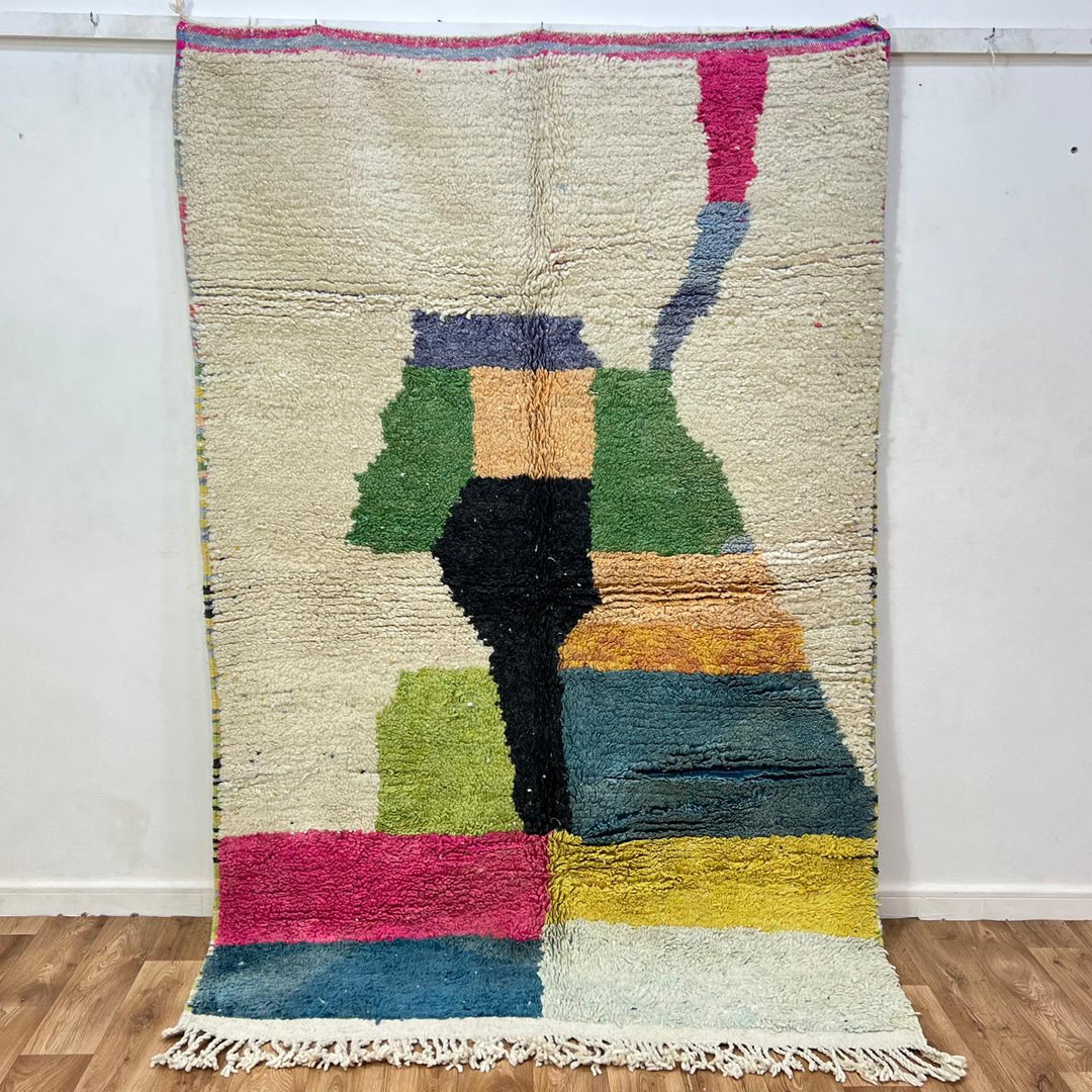 Vintage Moroccan wool rug 806 – handwoven color block Berber carpet in beige, green, yellow, magenta, and black, 229 × 154 cm (7.51 × 5.05 ft).