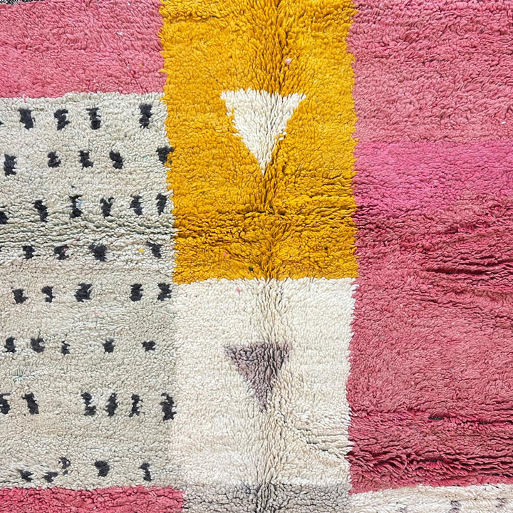 Vintage Moroccan wool rug 199 – handmade geometric pink, mustard, and cream design (251 × 158 cm).