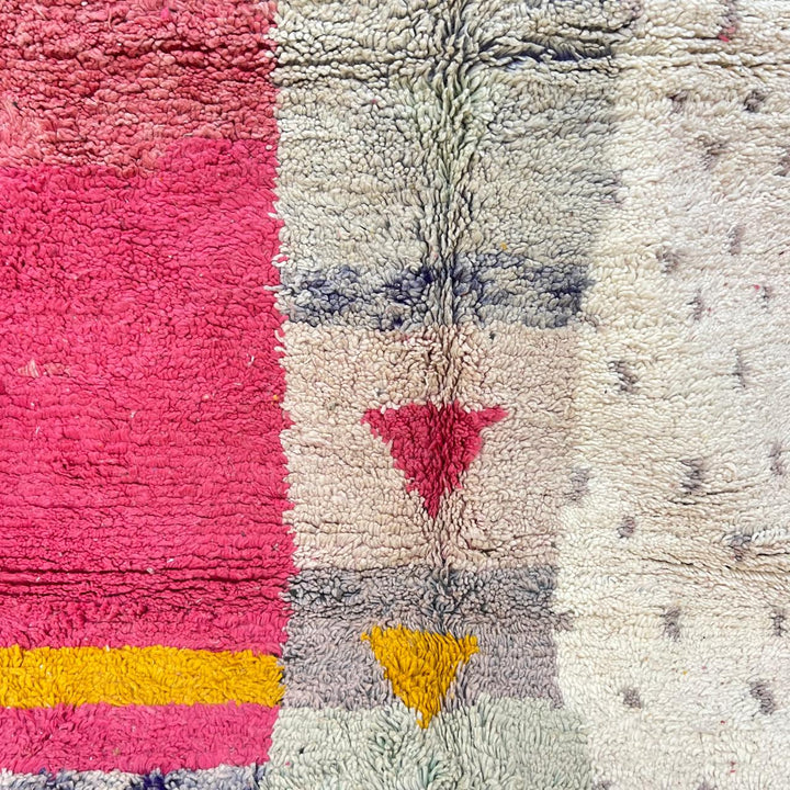 Vintage Moroccan wool rug 199 – handmade geometric pink, mustard, and cream design (251 × 158 cm).