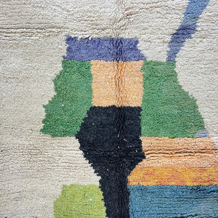 Vintage Moroccan wool rug 806 – handwoven color block Berber carpet in beige, green, yellow, magenta, and black, 229 × 154 cm (7.51 × 5.05 ft).