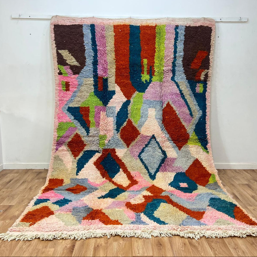Vintage Moroccan wool rug 26 – handmade colorful geometric abstract design (317 × 205 cm).