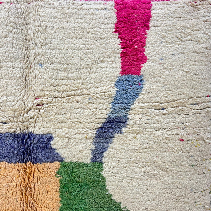 Vintage Moroccan wool rug 806 – handwoven color block Berber carpet in beige, green, yellow, magenta, and black, 229 × 154 cm (7.51 × 5.05 ft).