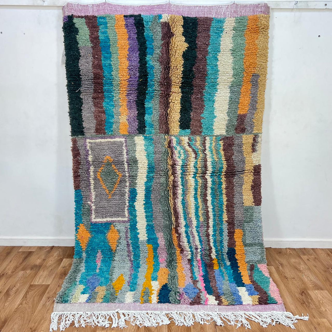 Vintage Moroccan wool rug 770 – handwoven Berber carpet with colorful vertical stripes in turquoise, yellow, gray, and cream (253 × 153 cm / 8.3 × 5.02 ft).