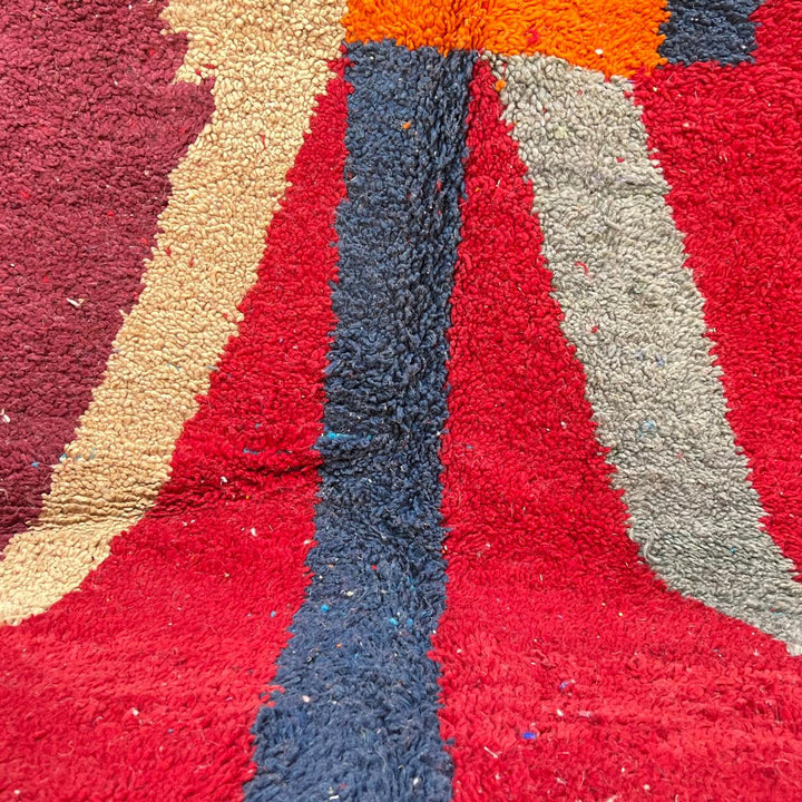 Vintage Moroccan wool rug 201 – handmade red, blue, and orange abstract geometric design (243 × 159 cm).