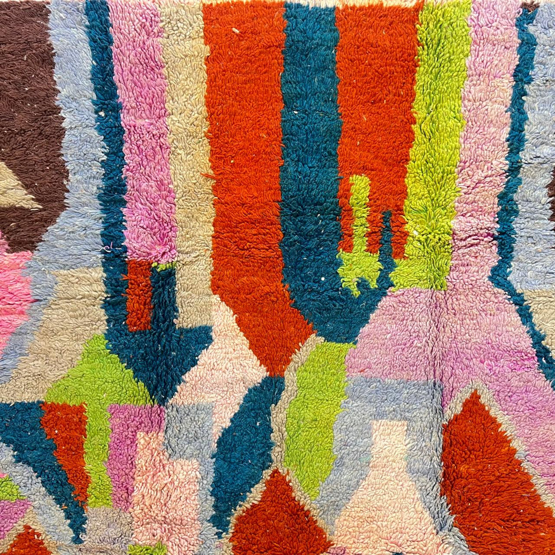 Vintage Moroccan wool rug 26 – handmade colorful geometric abstract design (317 × 205 cm).