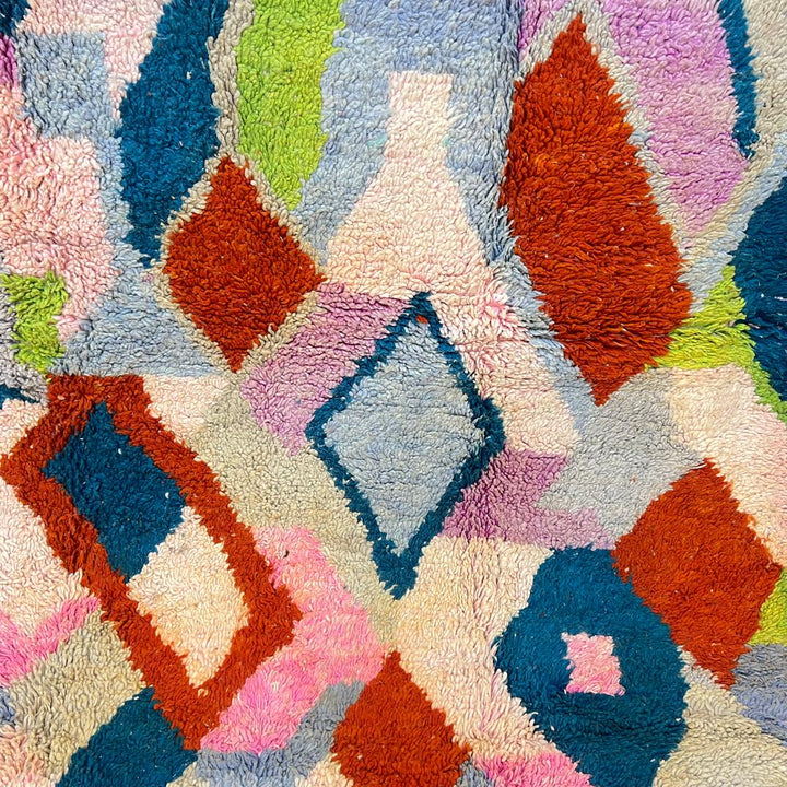 Vintage Moroccan wool rug 26 – handmade colorful geometric abstract design (317 × 205 cm).
