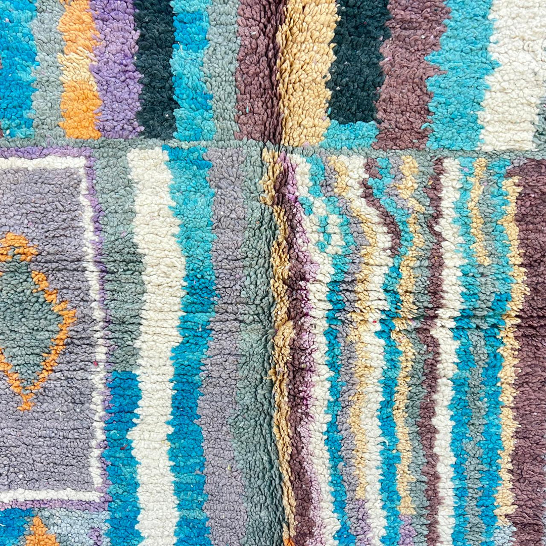 Vintage Moroccan wool rug 770 – handwoven Berber carpet with colorful vertical stripes in turquoise, yellow, gray, and cream (253 × 153 cm / 8.3 × 5.02 ft).