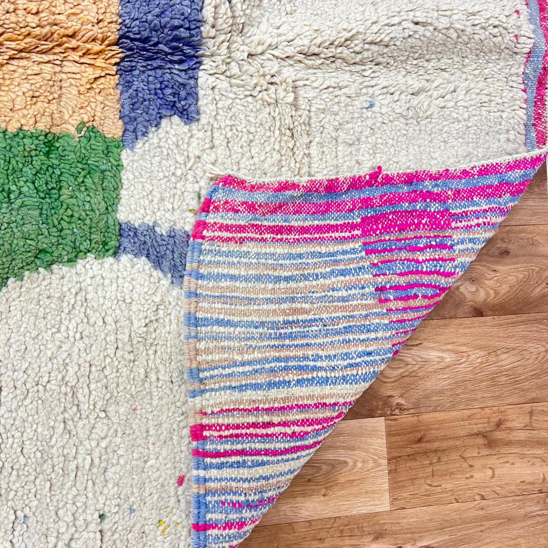 Vintage Moroccan wool rug 806 – handwoven color block Berber carpet in beige, green, yellow, magenta, and black, 229 × 154 cm (7.51 × 5.05 ft).