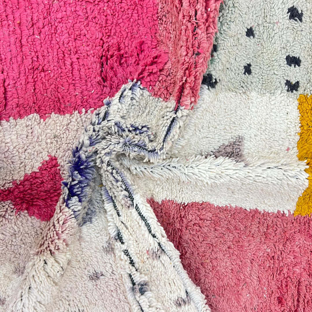 Vintage Moroccan wool rug 199 – handmade geometric pink, mustard, and cream design (251 × 158 cm).