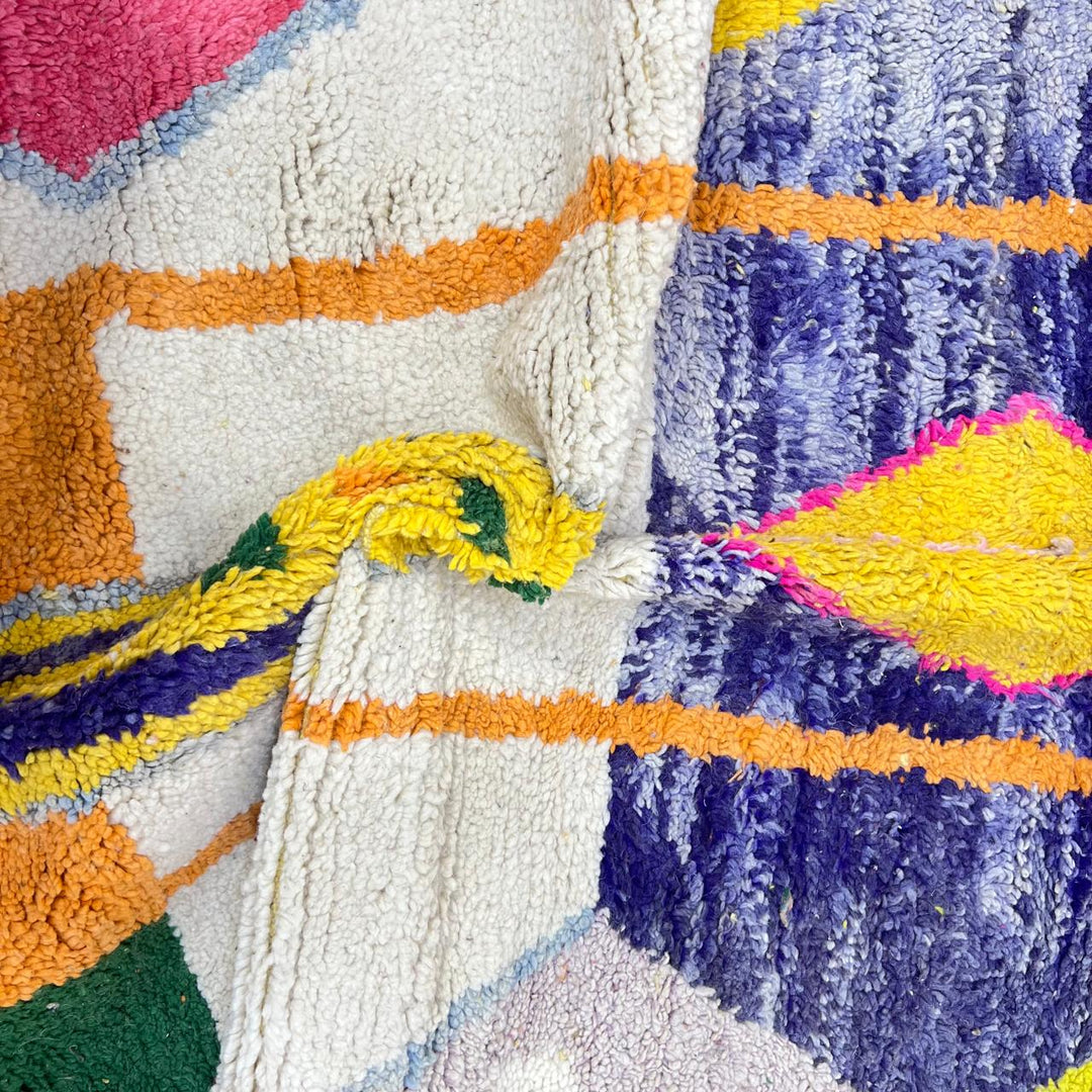 Vintage Moroccan wool rug 143 – handmade yellow, purple, and cream geometric Berber design (250 × 150 cm).