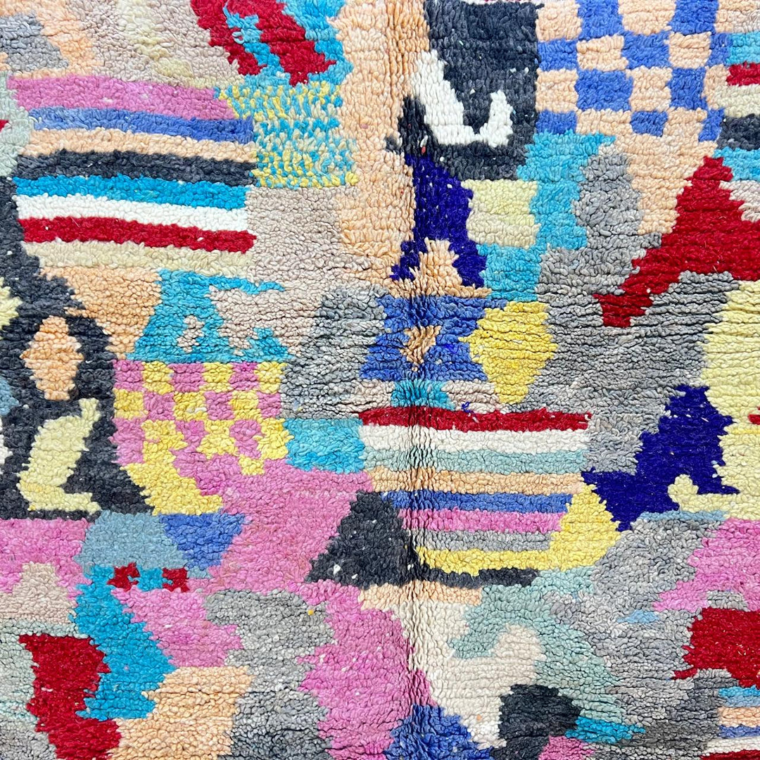 Vintage Moroccan wool rug 732 – handwoven Berber carpet with colorful abstract geometric motifs in red, blue, yellow, and beige, 240 × 152 cm (7.87 × 4.98 ft).