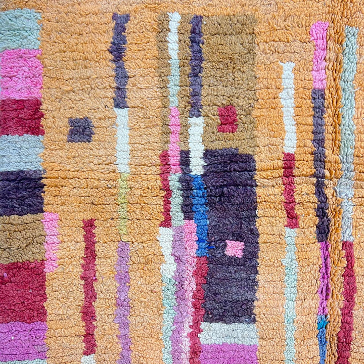Vintage Moroccan wool rug 874 – colorful handmade Berber carpet with mustard, pink, and orange abstract stripes, 293 × 246 cm (9.61 × 8.07 ft).