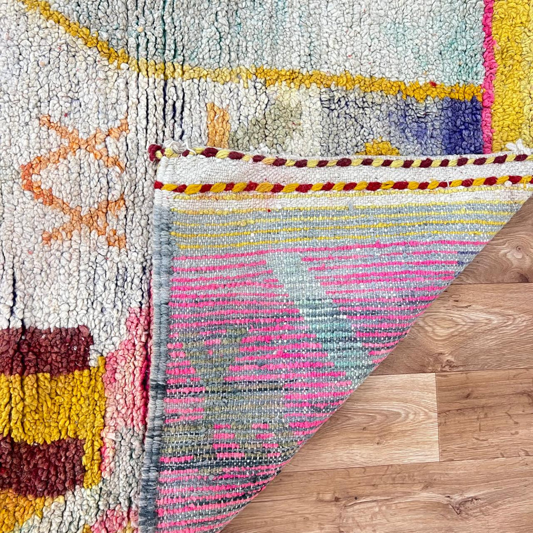 Vintage Moroccan wool rug BA106 – handmade colorful Berber carpet with yellow and pink geometric patterns (210 × 310 cm / 6.88 × 10.17 ft).