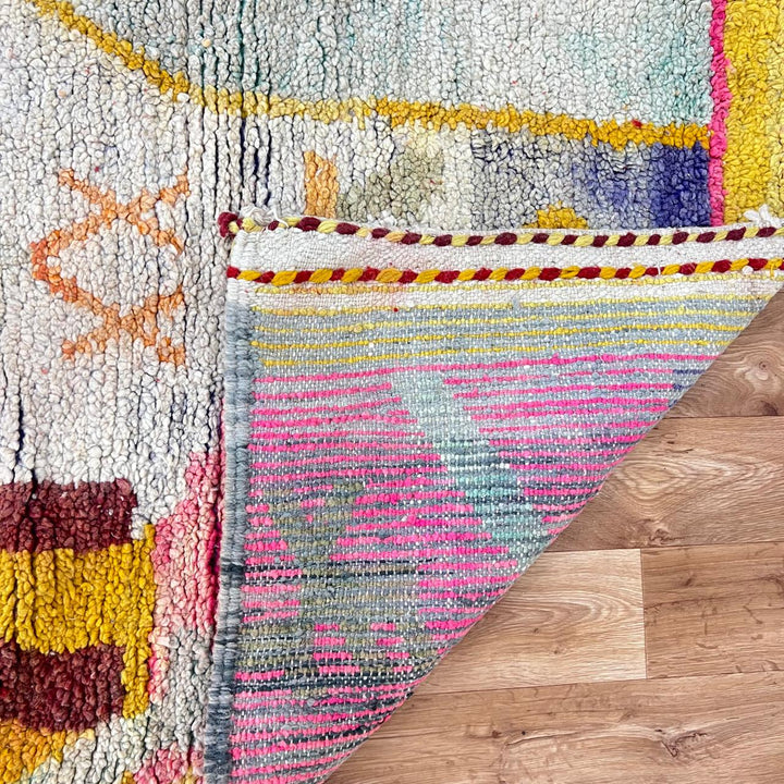 Vintage Moroccan wool rug BA106 – handmade colorful Berber carpet with yellow and pink geometric patterns (210 × 310 cm / 6.88 × 10.17 ft).