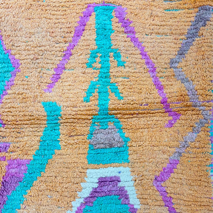 Vintage Moroccan wool rug 833 – handmade Berber carpet with orange, yellow, green, and purple tribal geometric patterns, 284 × 196 cm (9.31 × 6.43 ft).