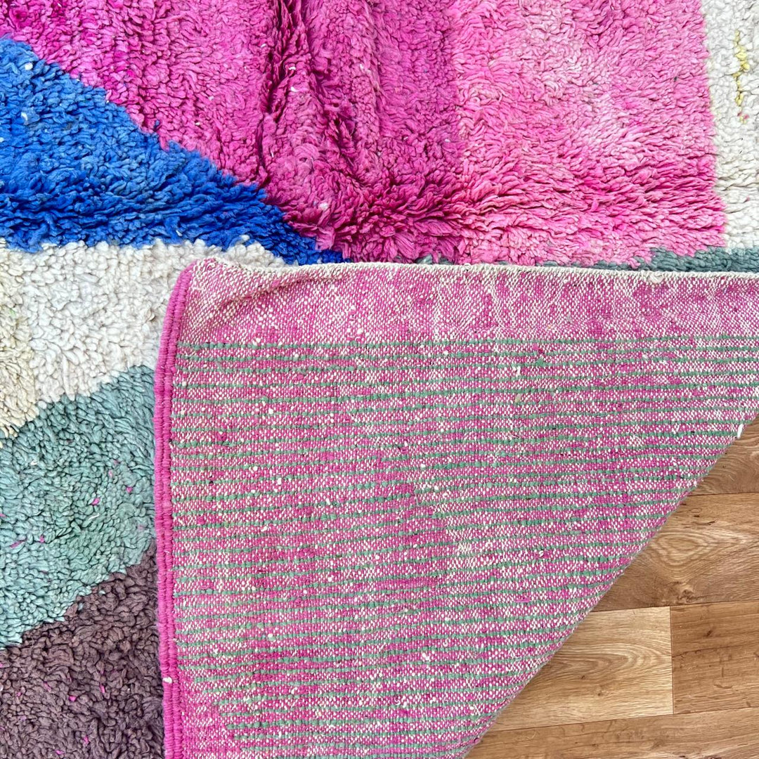 Vintage Moroccan wool rug 853 – colorful abstract handmade Berber carpet in pink, blue, green, and beige (287 × 209 cm / 9.41 × 6.86 ft).