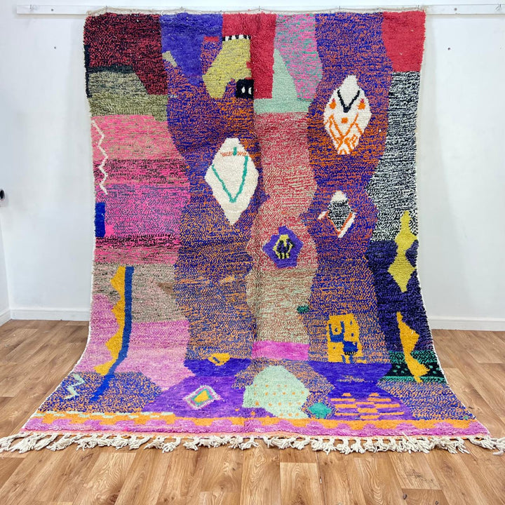 Vintage Moroccan wool rug 836 – handmade colorful abstract Berber wool carpet, 290 × 199 cm (9.51 × 6.53 ft).