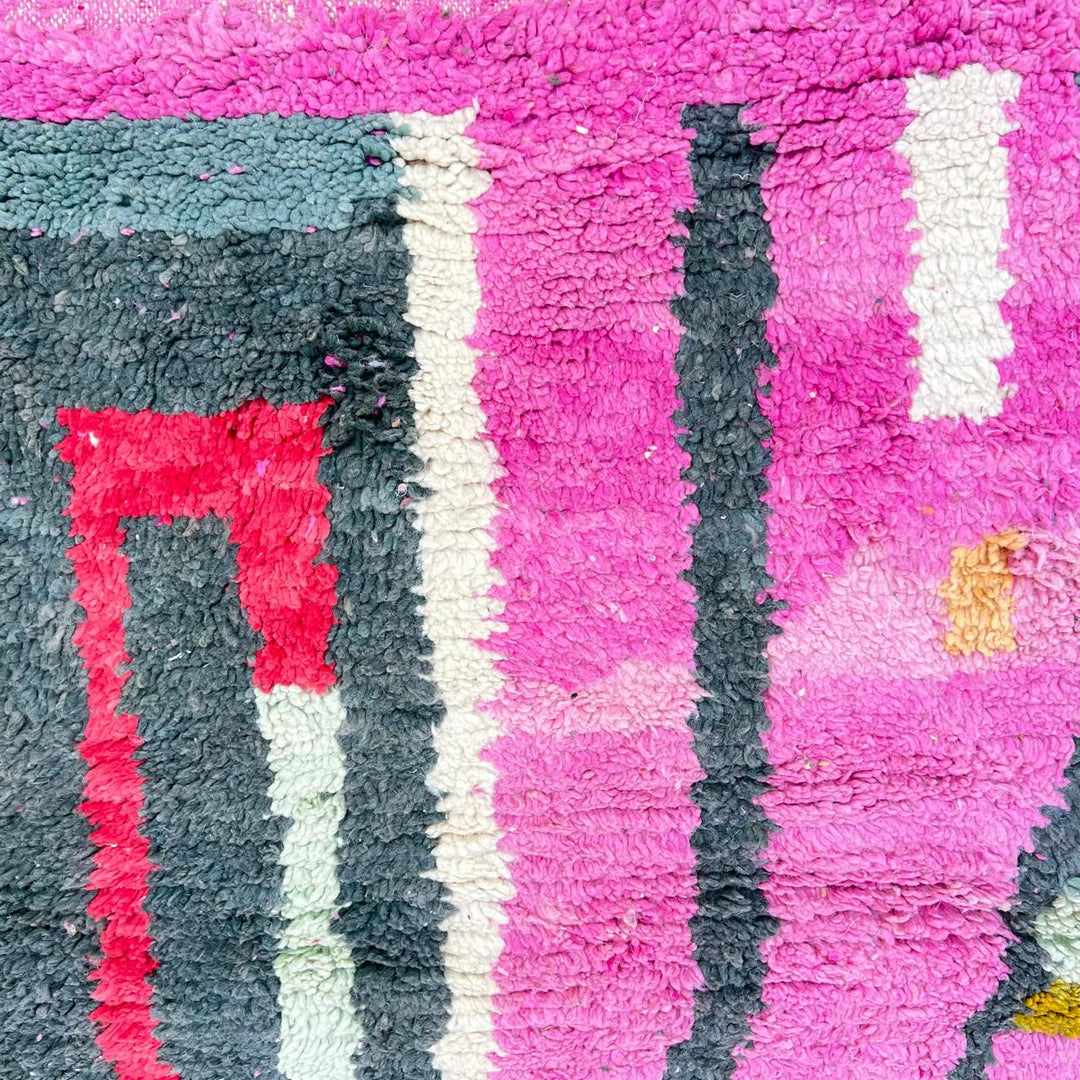 Vintage Moroccan wool rug 840 – handmade pink and yellow Berber carpet with geometric and abstract motifs (295 × 203 cm / 9.68 × 6.66 ft).