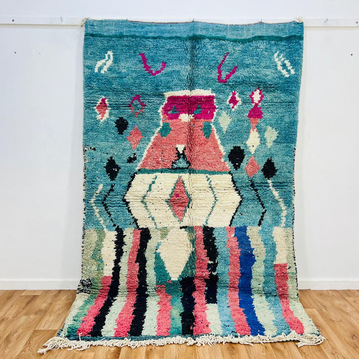 Vintage Moroccan Wool Rug – Teal Blue &amp; Pink Tribal Design 738