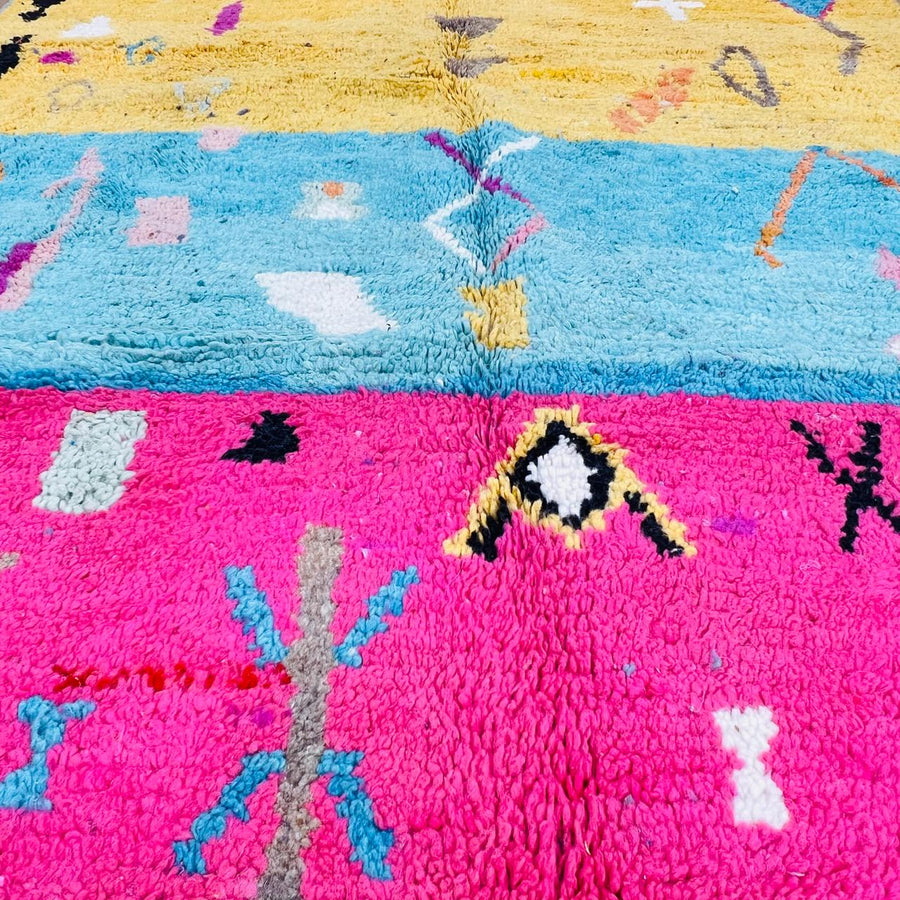 Vintage Moroccan wool rug with colorful geometric Berber patterns in yellow, pink, turquoise and ivory, handmade in Morocco, rug 461