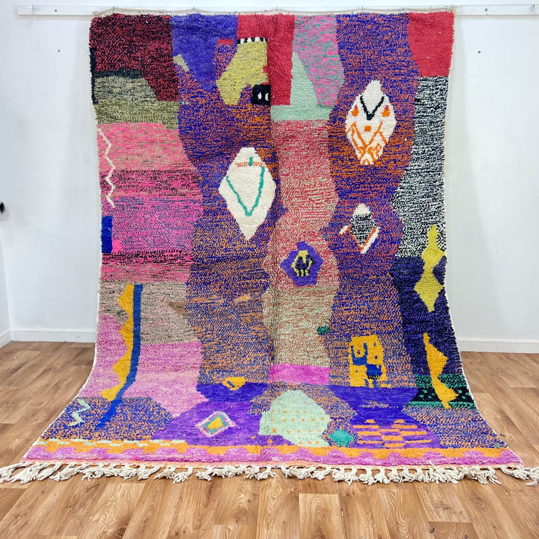 Vintage Moroccan wool rug 836 – handmade colorful Berber carpet with purple and orange geometric abstract motifs (290 × 199 cm / 9.51 × 6.53 ft).