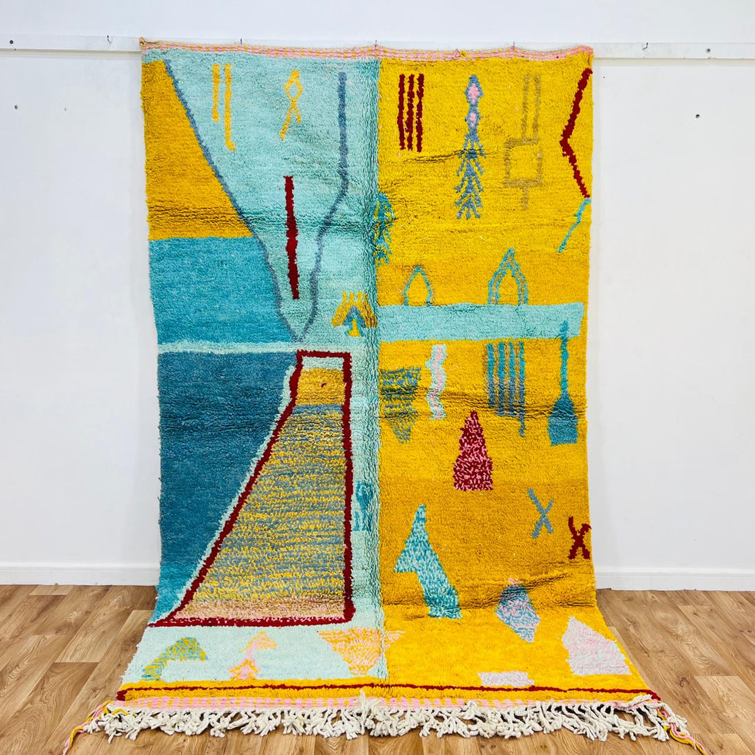 Vintage Moroccan Wool Rug 686 – Handmade Yellow Blue Berber Rug